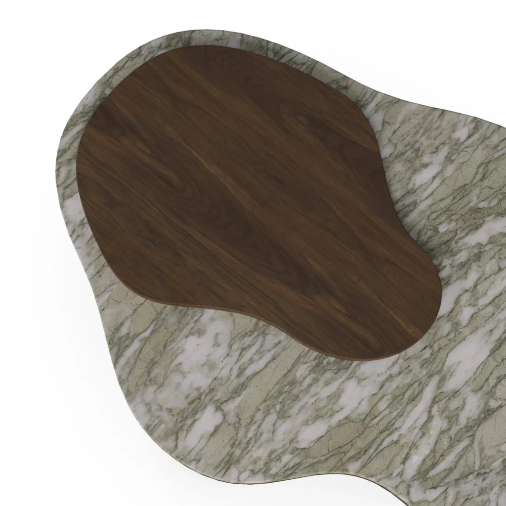 Deolin Coffee Table by Nolita Harbour, designer coffee table with green marble top and walnut detail.