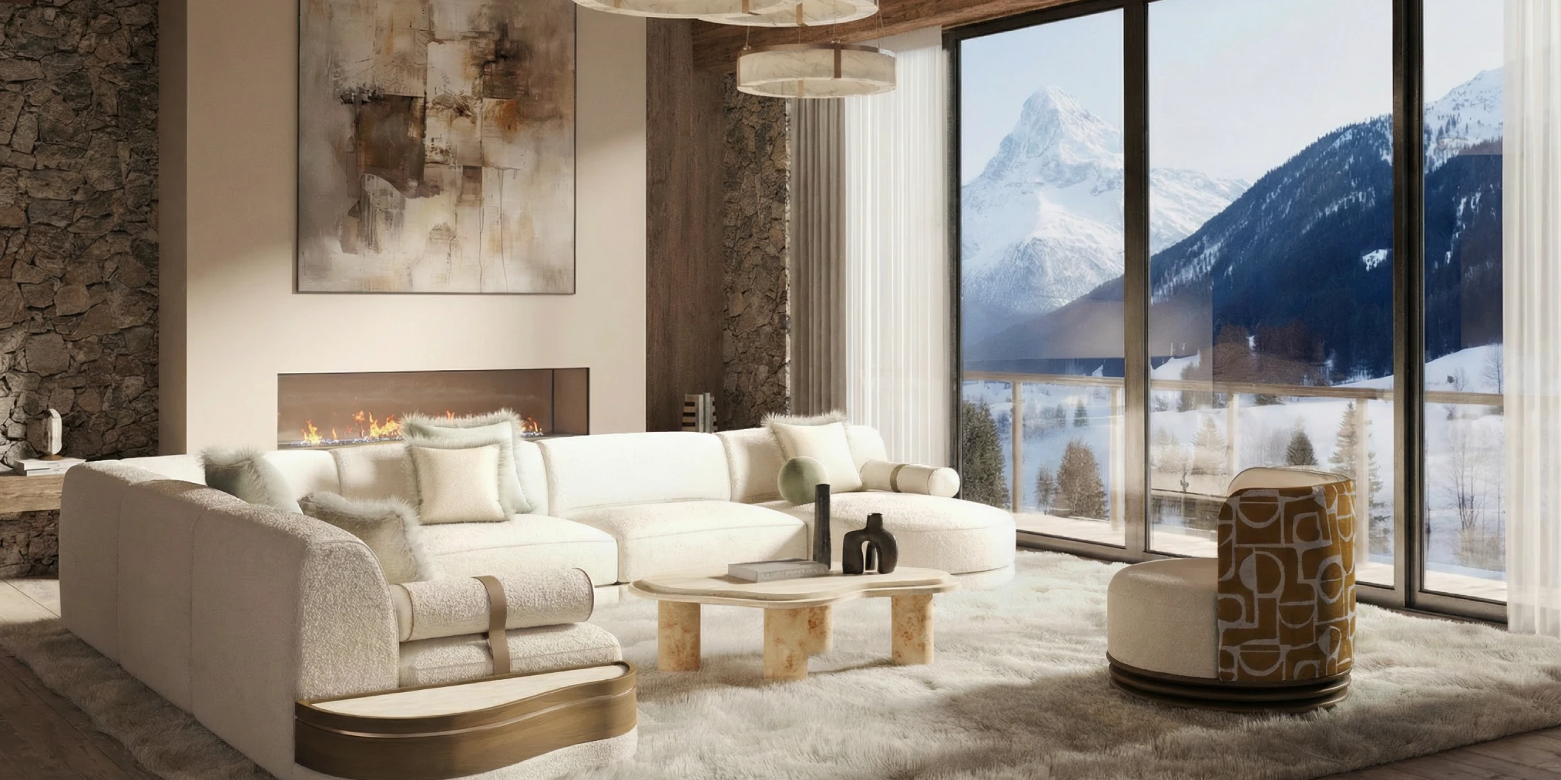 Cozy living room, designed by Nolita Harbour, with a maelis coffee table whose composition reads as a contemporary designer coffee table.