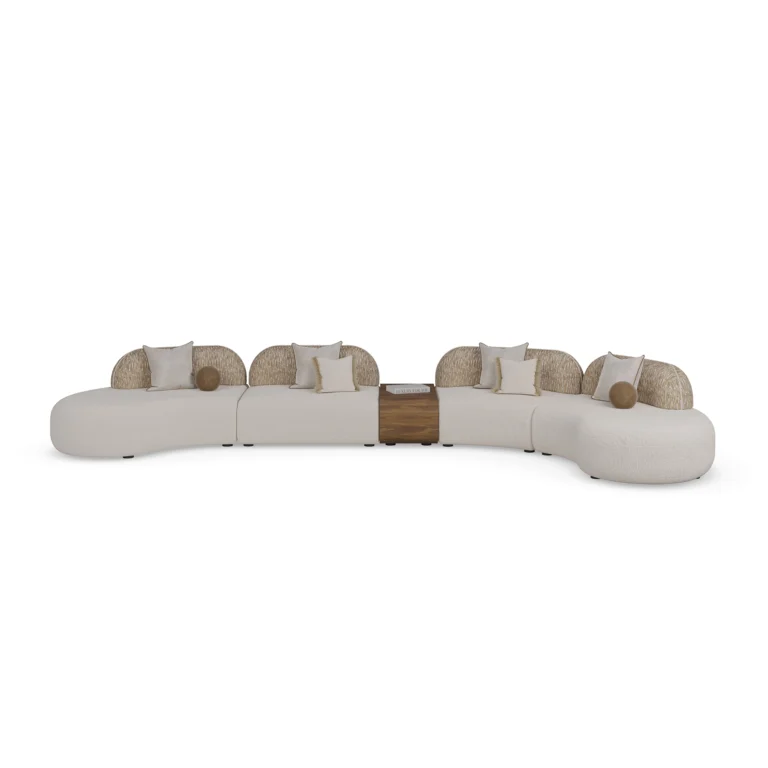 Mela sectional sofa by Nolita Harbour, curved bouclé modular sofa with walnut console and sculptural, flowing design.