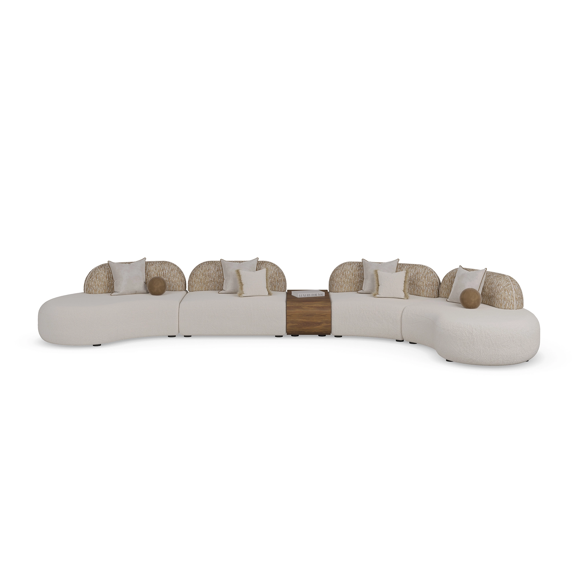 mela-sectional-sofa-front-view-2-nolita-harbour Mela sectional sofa by Nolita Harbour, curved bouclé modular sofa with walnut console and sculptural, flowing design.