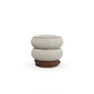 Calie Stool by Nolita Harbour, sculptural seating stool crafted in patterned velvet and matte walnut wood, defined by two rounded organic volumes inspired by natural stone formations, with a textured surface that echoes subtle mineral veining, bringing tactile depth and calm elegance to luxury interior design spaces.