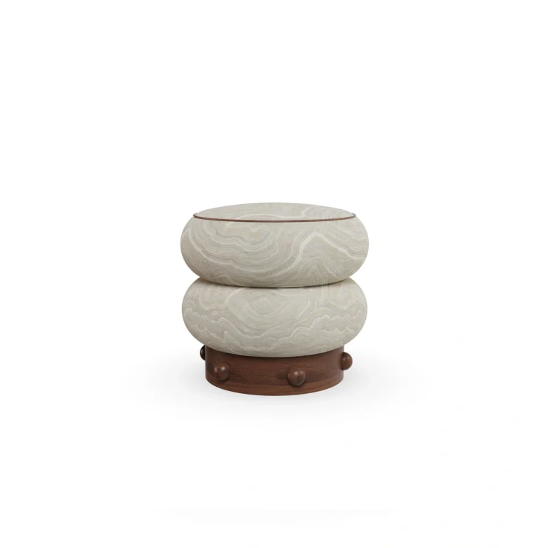 Calie Stool by Nolita Harbour, sculptural seating stool crafted in patterned velvet and matte walnut wood, defined by two rounded organic volumes inspired by natural stone formations, with a textured surface that echoes subtle mineral veining, bringing tactile depth and calm elegance to luxury interior design spaces.