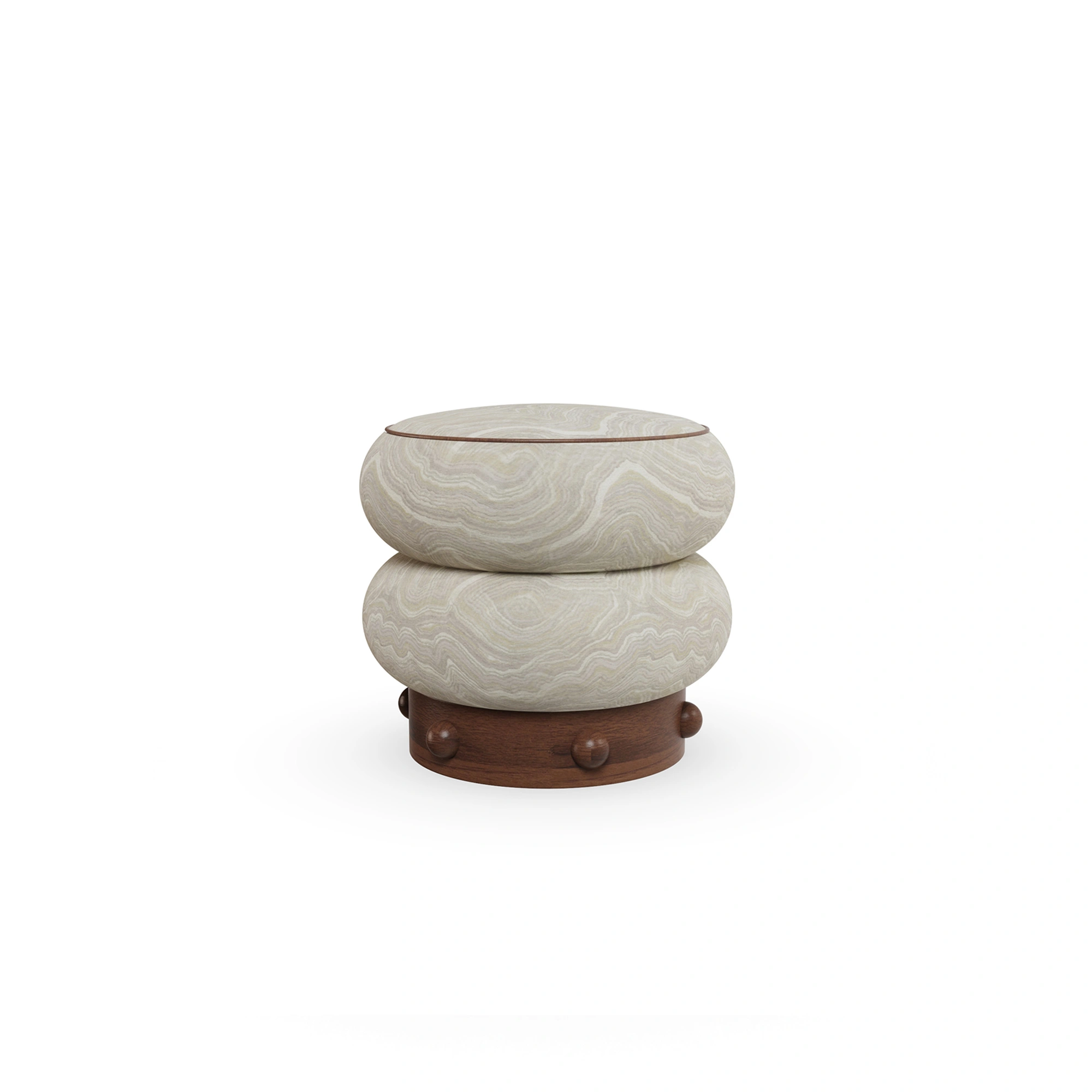 calie-stool-back-view-nolita-harbour Calie Stool by Nolita Harbour, sculptural seating stool crafted in patterned velvet and matte walnut wood, defined by two rounded organic volumes inspired by natural stone formations, with a textured surface that echoes subtle mineral veining, bringing tactile depth and calm elegance to luxury interior design spaces.