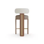 Diane designer bar chair by Nolita Harbour, bouclé bar stool with walnut base, brass details, and timeless sculptural form.