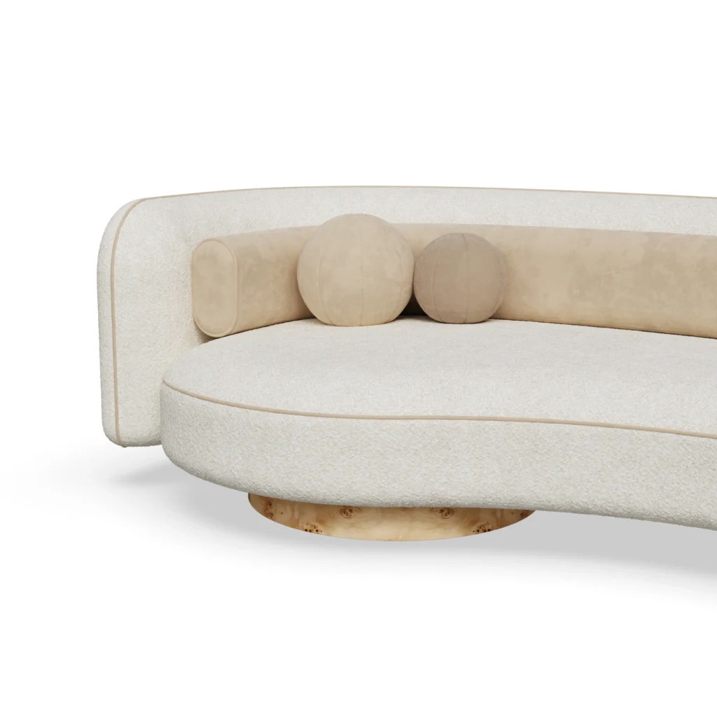 Bénice designer sofa detail by Nolita Harbour, sculptural fabric sofa with curved lines and calm, architectural presence.