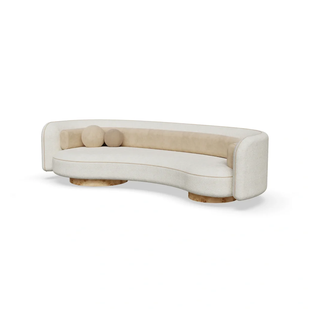 Bénice sofa by Nolita Harbour, curved upholstered sofa in premium fabric with flowing silhouette and sculptural design.