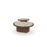 Calienne Coffee Table by Nolita Harbour, a modern coffee table in stone, walnut, and a brushed brass plinth.