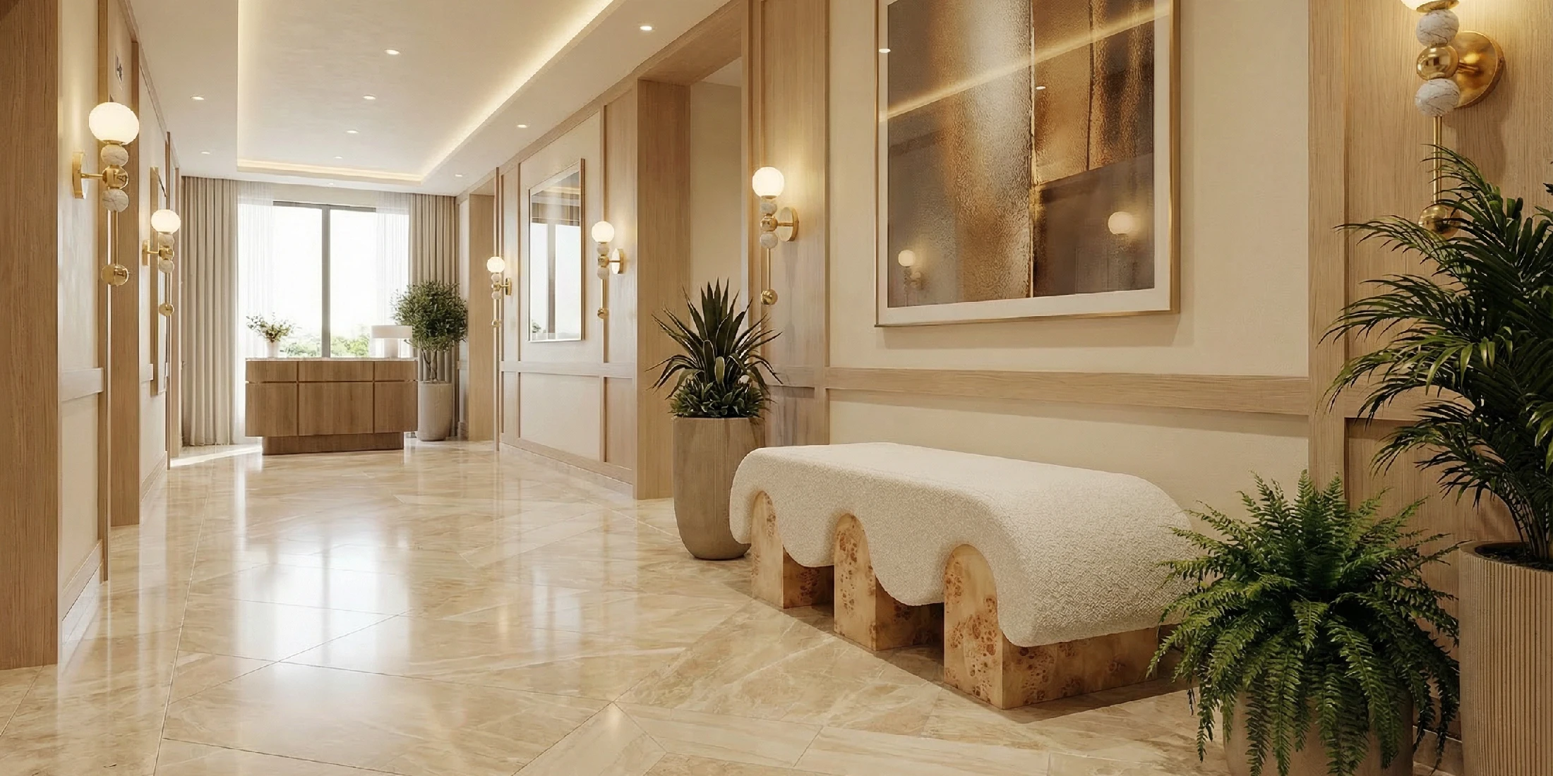 Corinne bench by Nolita Harbour, upholstered fabric bench with rounded edges and cylindrical legs, sculptural accent in a refined hotel hallway.