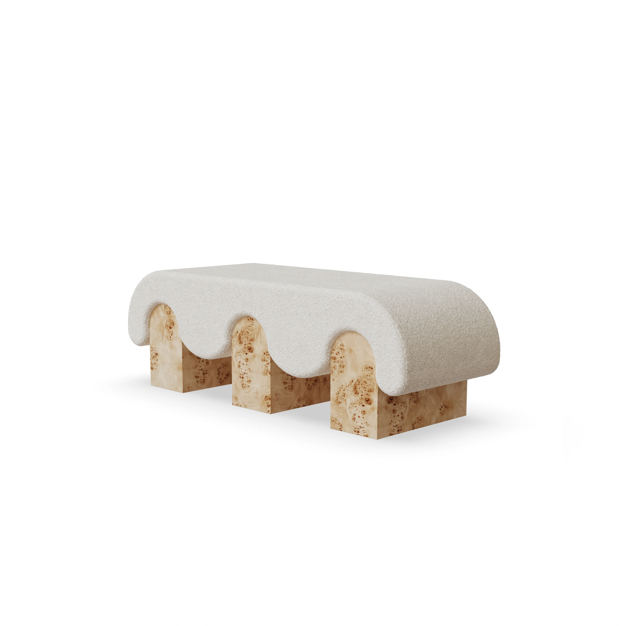 corinne-bench-front-view-1-nolita-harbour Corinne bench by Nolita Harbour, upholstered bench in textured fabric with rounded edges and cylindrical legs, sculptural design.