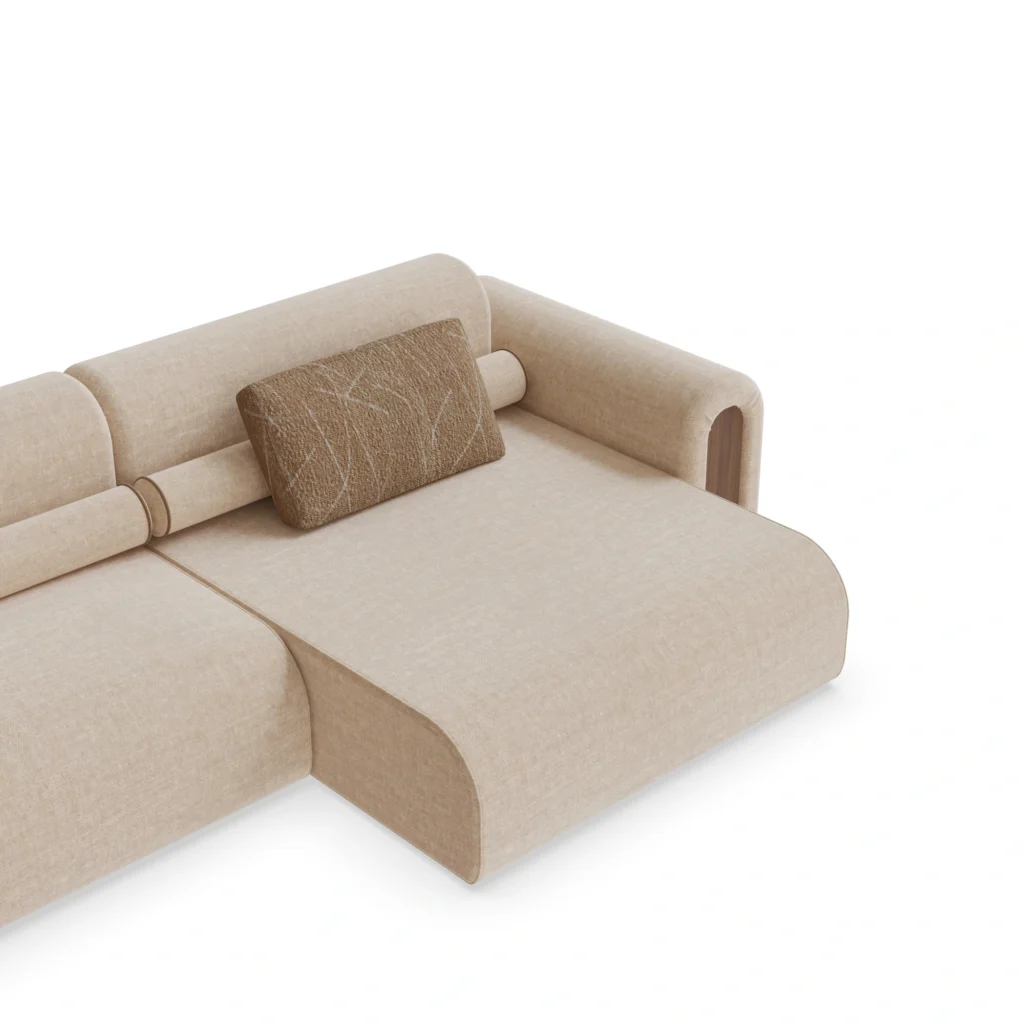 Malora curved sofa detail by Nolita Harbour, upholstered fabric sofa with rounded form and calm, architectural structure.