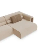 Malora curved sofa detail by Nolita Harbour, upholstered fabric sofa with rounded form and calm, architectural structure.