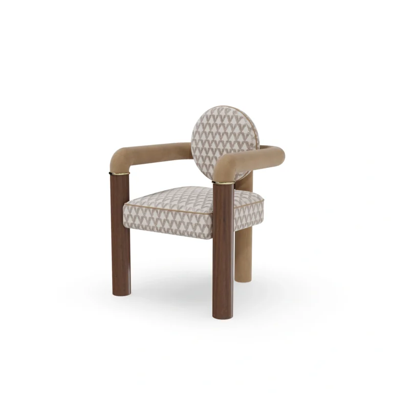 Maudine dining chair by Nolita Harbour, upholstered chair with circular backrest, walnut legs, and brass detailing.