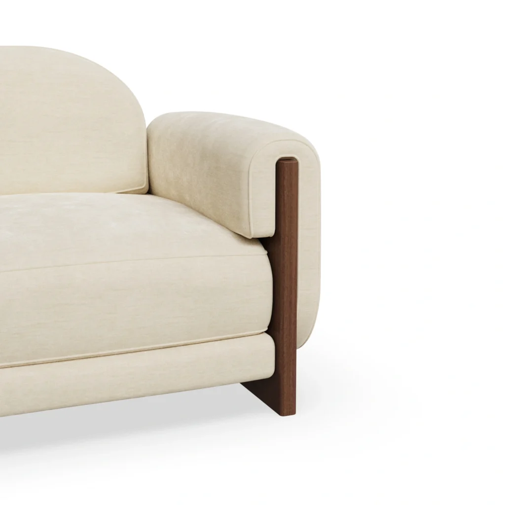 Noah modern armchair detail by Nolita Harbour, sculptural upholstered chair with curved back and refined wood craftsmanship.