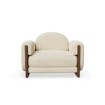 Noah contemporary armchair by Nolita Harbour, rounded upholstered chair with sculptural wood frame and elegant silhouette.