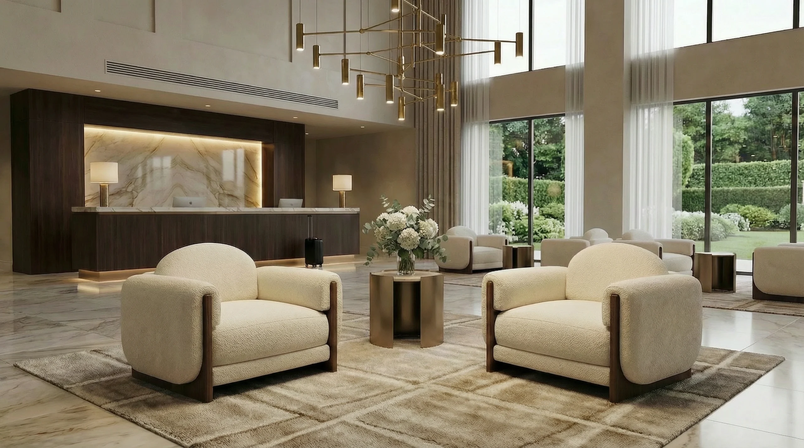 Elegant Nolita Harbour living room with Noah upholstered armchairs, sculptural wood detailing, expansive natural light, and sophisticated modern luxury ambiance.