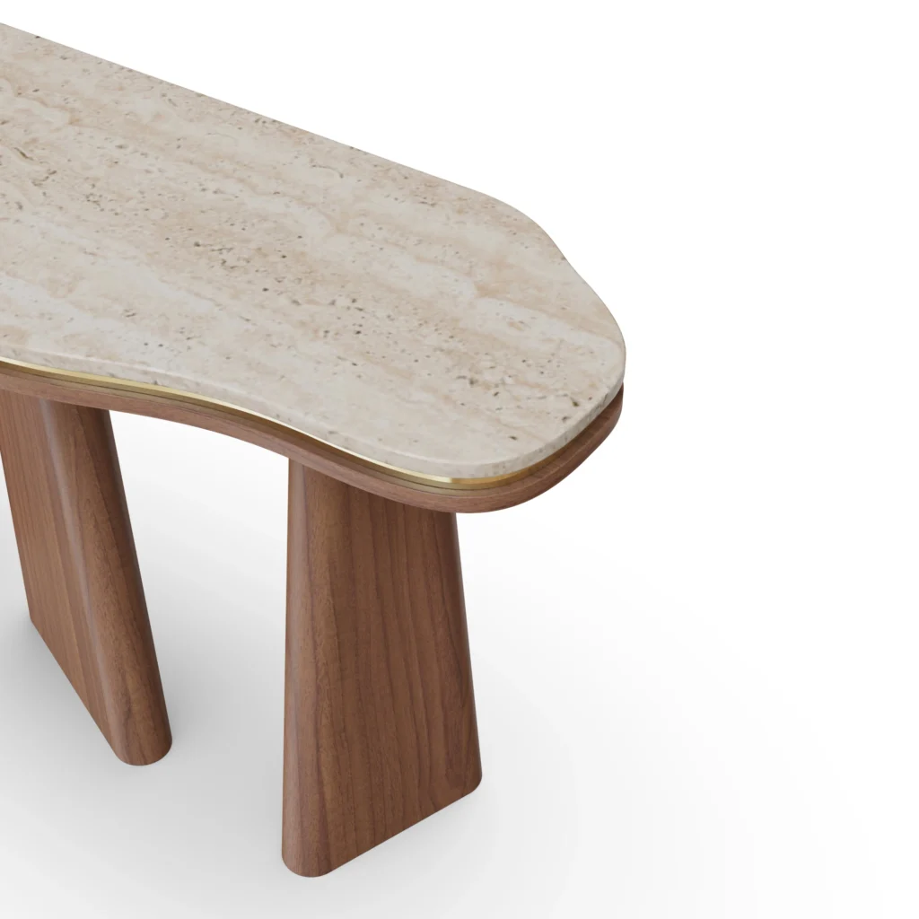 Noria Console by Nolita Harbour, a luxury console table with natural stone, walnut, and brass details.