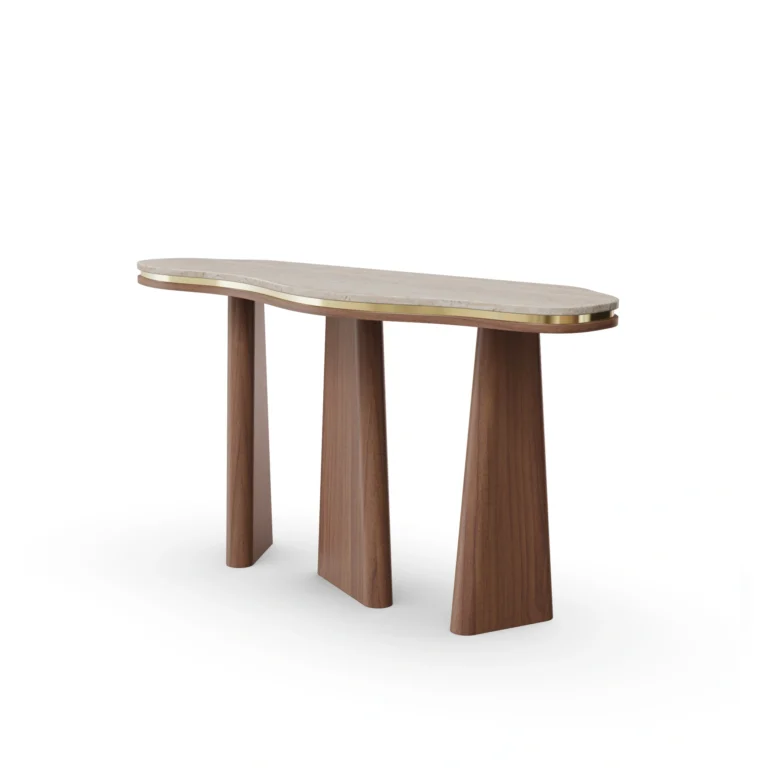Noria Console by Nolita Harbour, a console table with a stone top, walnut legs, and a brass inlay detail.