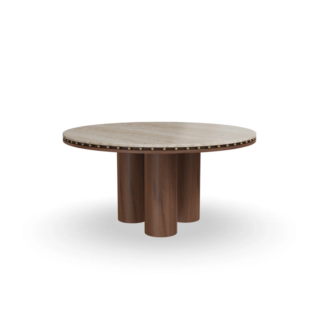 Roselle Dining Table, an elegant dining table by Nolita Harbour in stone, walnut, and brass studs, with a fluted pedestal base.
