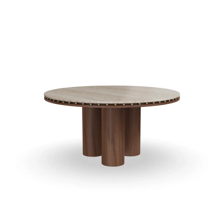 Roselle Dining Table, an elegant dining table by Nolita Harbour in stone, walnut, and brass studs, with a fluted pedestal base.