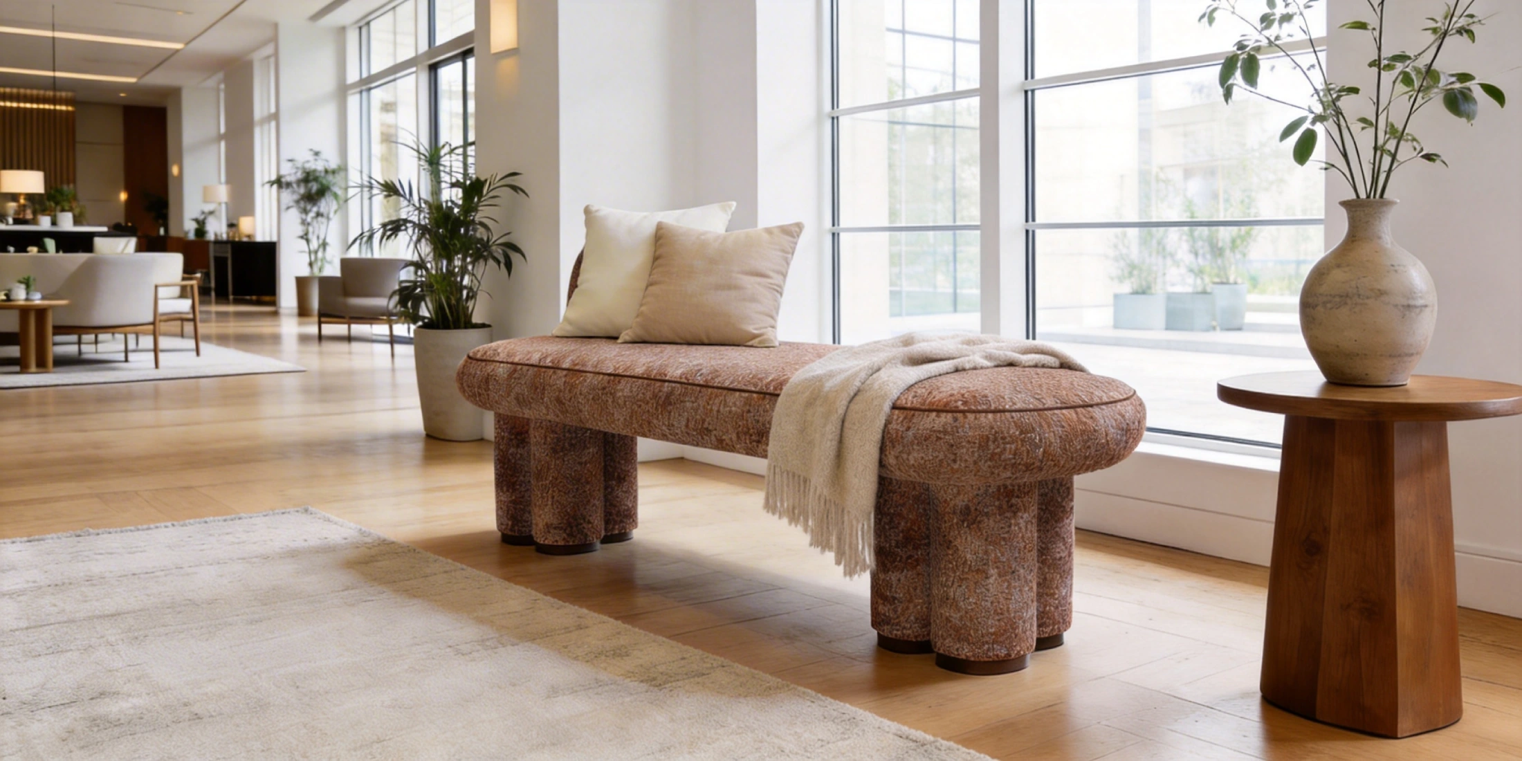 Vionne bench by Nolita Harbour, upholstered fabric bench with rounded seat and cylindrical legs, sculptural accent in a bright contemporary living space.