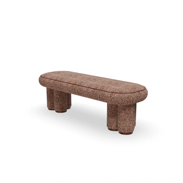 Vionne bench by Nolita Harbour, upholstered fabric bench with rounded seat and cylindrical legs, sculptural modern design.