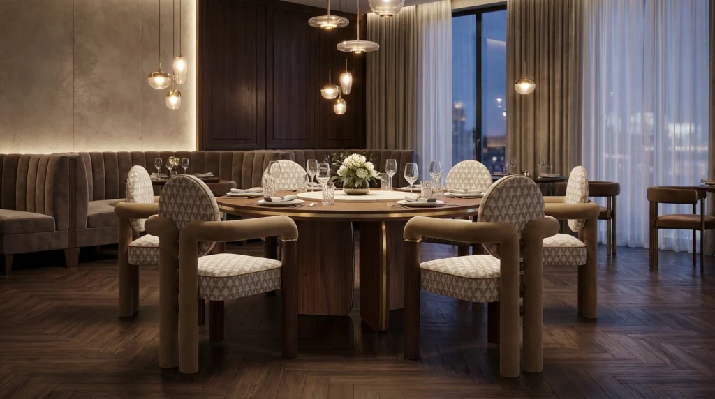 Sophisticated restaurant-style dining room with a round wooden table, patterned upholstered chairs, warm pendant lighting, and floor-to-ceiling curtains at dusk.