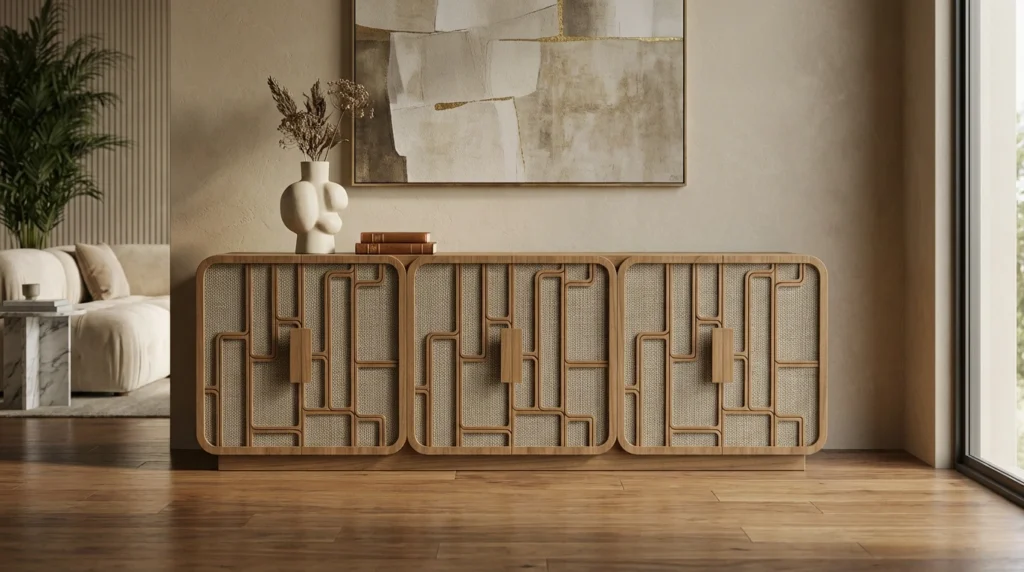 Modern wooden sideboard with geometric front detailing and textured panels, showcasing luxury furniture materials and refined modern furniture design in a contemporary interior.