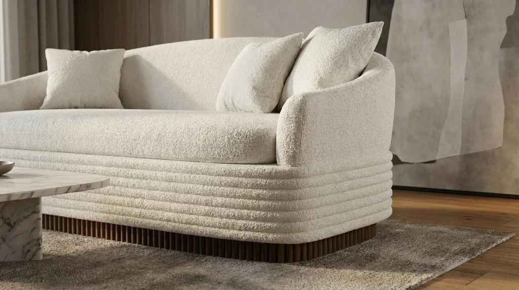 Luxury upholstered sofa with textured fabric and sculptural wooden base, demonstrating durable materials and refined modern furniture design.