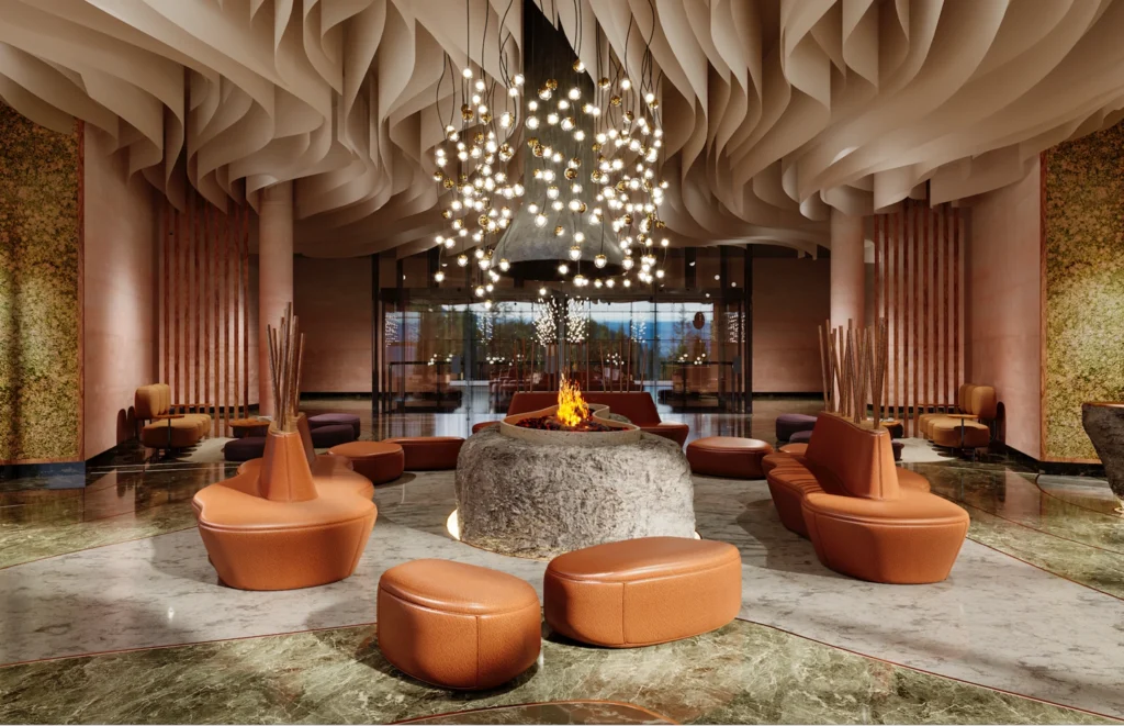 Luxury hotel lobby with sculptural ceiling, central fire feature, and warm leather seating arranged in an intimate, home-like composition.