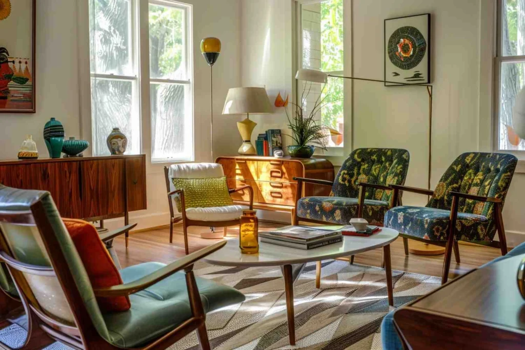 Mid-century modern living room with patterned upholstered armchairs, a round coffee table, wooden sideboards, decorative ceramics, floor lamps, and sunlight streaming through tall windows.