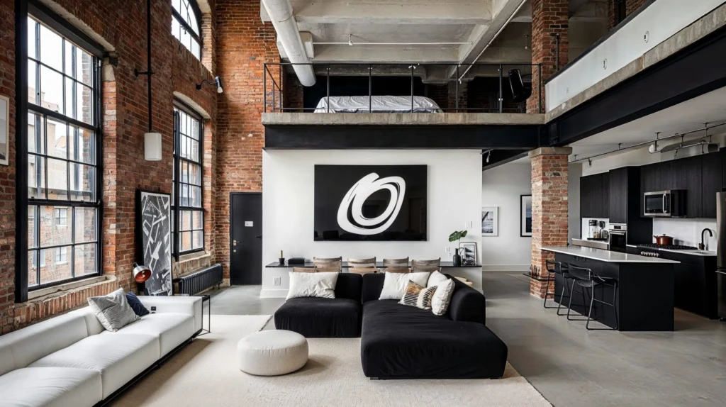 New York loft interior design blending exposed brick, steel beams, and contemporary organic modern furniture in a spacious open-plan living area.