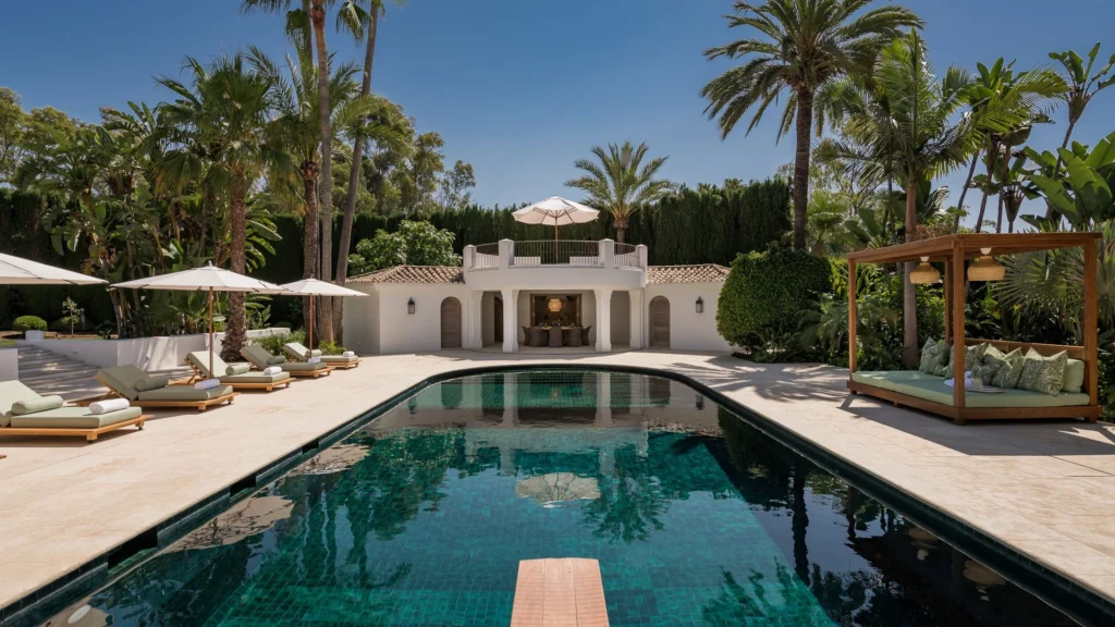 High-end Marbella luxury villa combining contemporary architecture, expansive terraces, integrated outdoor lounge areas, and pool design that enhances lifestyle appeal and real estate value.
