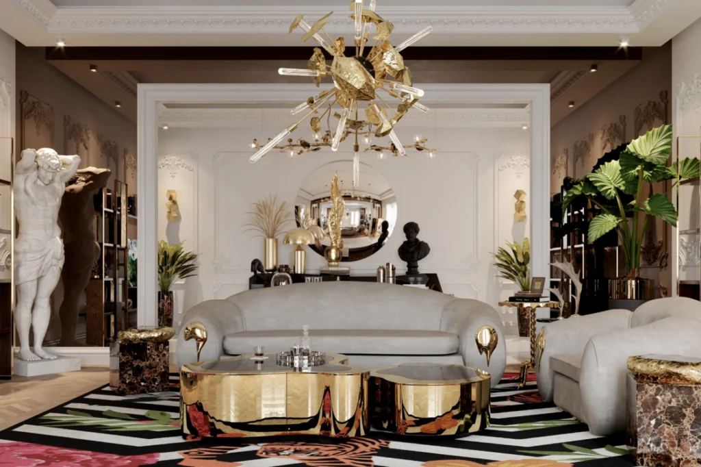 High-end luxury living room with bespoke gold furniture, statement chandelier, and art-inspired décor, showcasing refined international residential interior design.