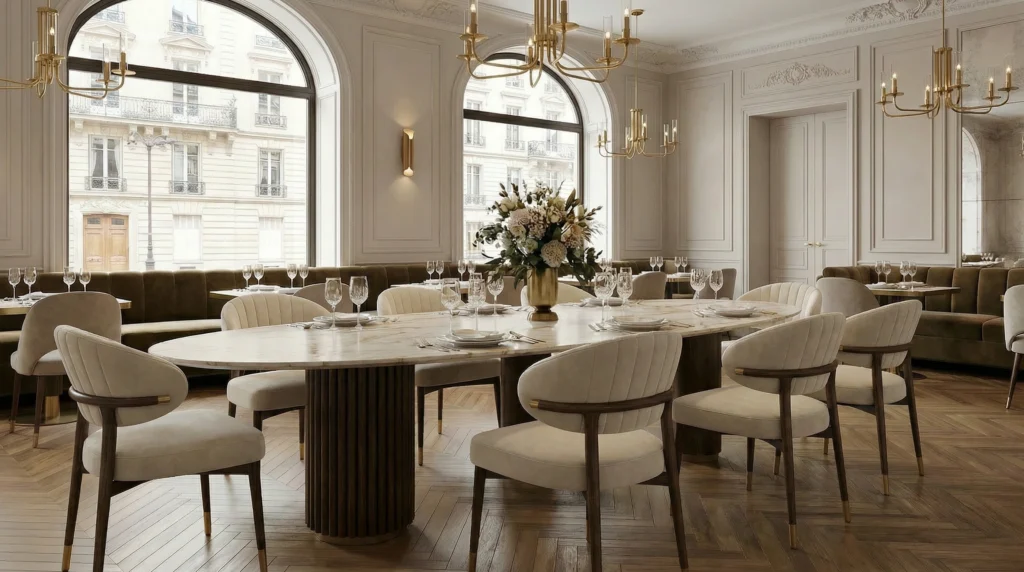 Elegant dining room with a large marble dining table, upholstered chairs, and classic architectural details, highlighting timeless marble furniture in a refined hospitality setting.