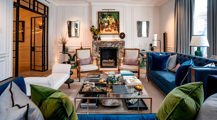 London luxury apartment living room blending classic architectural details with contemporary furniture and rich textiles, exemplifying refined European luxury real estate design.