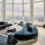 Sophisticated New York living room blending modern living room furniture, soft neutral tones, and architectural columns framing expansive city views.