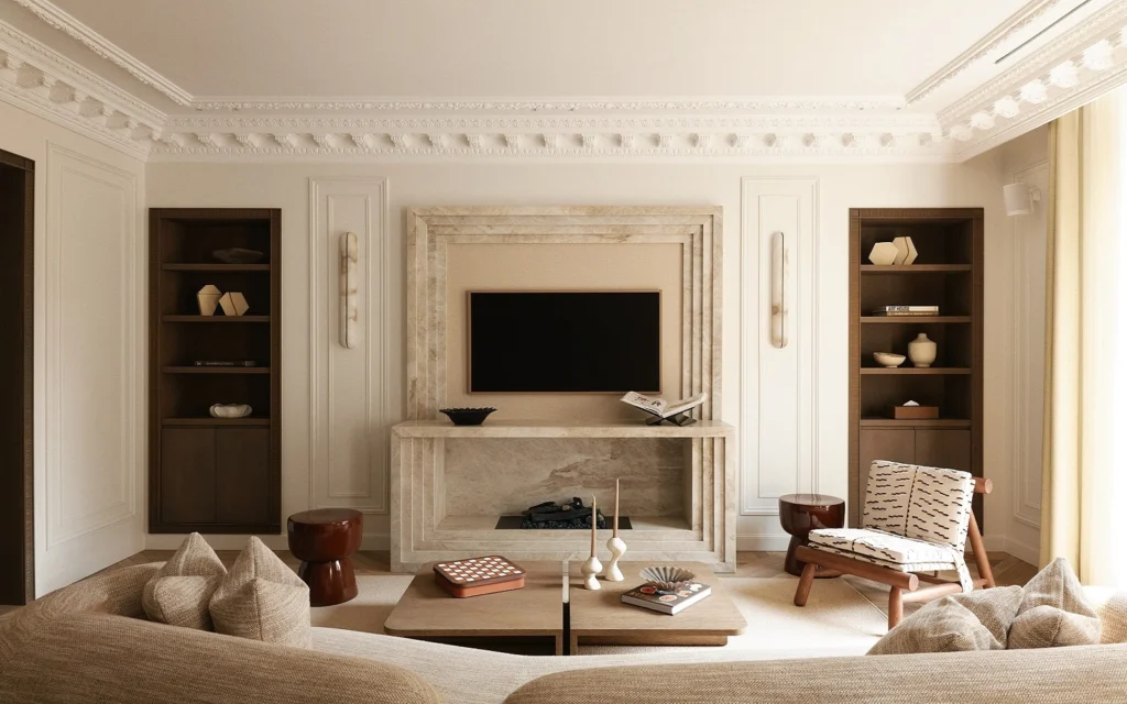 Contemporary Parisian apartment interior featuring sculptural seating, natural textures, integrated shelving, and an open spatial layout reflecting modern urban interior architecture.