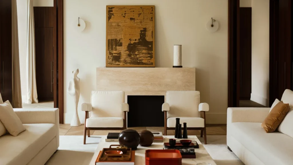 Elegant Parisian apartment interior showcasing a minimalist stone fireplace, bespoke shelving, soft neutral tones, and timeless proportions characteristic of refined urban interiors.