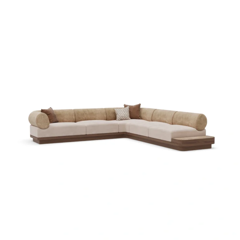 Velora sectional sofa by Nolita Harbour, upholstered sofa with low linear profile and rounded backrests, sculptural modern design.