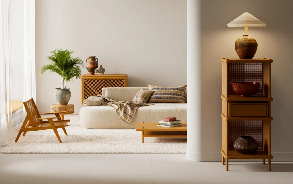 Minimalist luxury interior featuring sculptural furniture, woven wood cabinetry, and layered textiles, highlighting tactile design and material richness in contemporary living spaces.