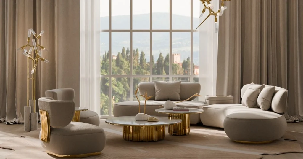 Luxury living space with rounded contemporary seating, metallic accents, and soft neutral tones, representing the evolution of high-end interior design trends from trade fairs to private homes.