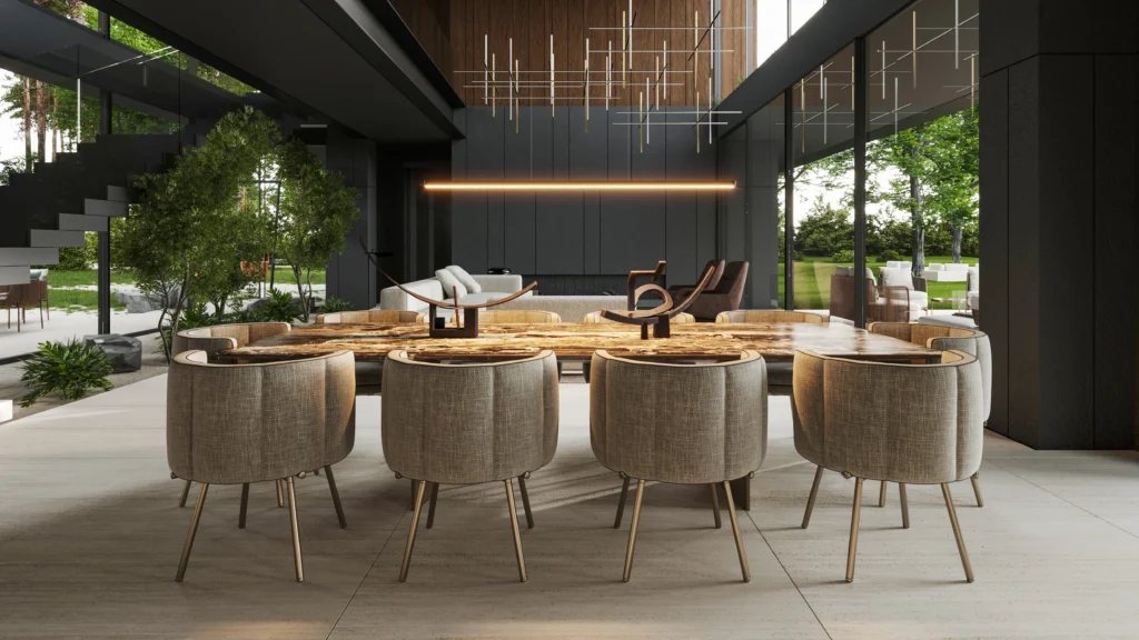 Elegant dining room with minimalist wooden table, upholstered leather chairs, and balanced symmetry, illustrating timeless high-end interior design trends influenced by international furniture exhibitions.