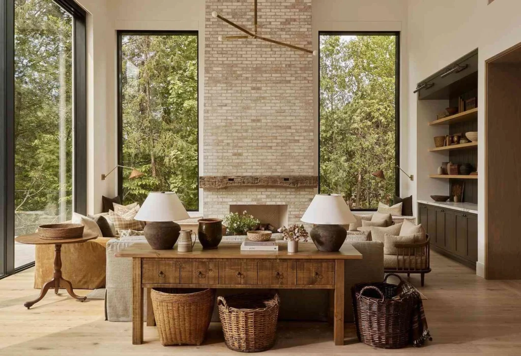 Modern open-plan living interior showcasing distinct zones defined by a floating sofa, large area rugs, statement lighting, and strategic furniture layout connecting lounge, dining, and kitchen areas with cohesive materials and natural light.