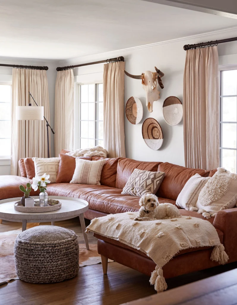 Luxury living room interiors featuring modular sectional sofas with corner modules and chaise lounge units, styled with statement ottomans, layered textiles, and contemporary décor in refined, light-filled residential settings.