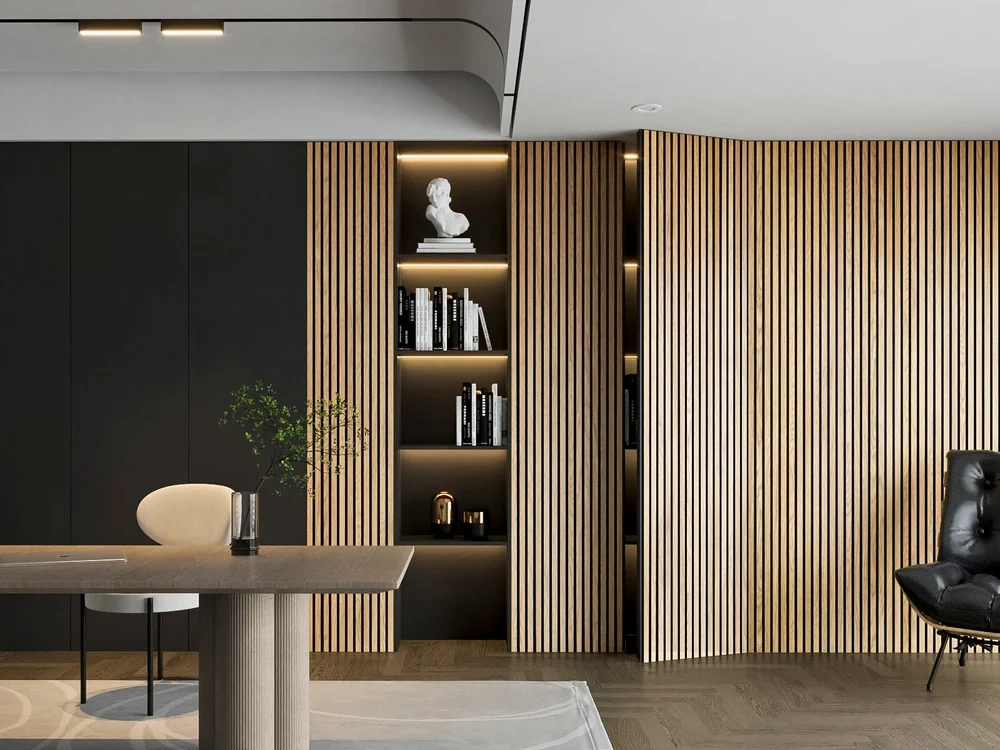 Elegant examples of concealed storage in high-end interiors, including a seamless wood-paneled kitchen with hidden cabinetry, a handleless minimalist kitchen with integrated appliances, a slatted wall concealing a flush hidden door, a softly illuminated walk-in wardrobe with built-in drawers and shelving, and a contemporary upholstered ottoman with hidden storage in a refined living room setting.