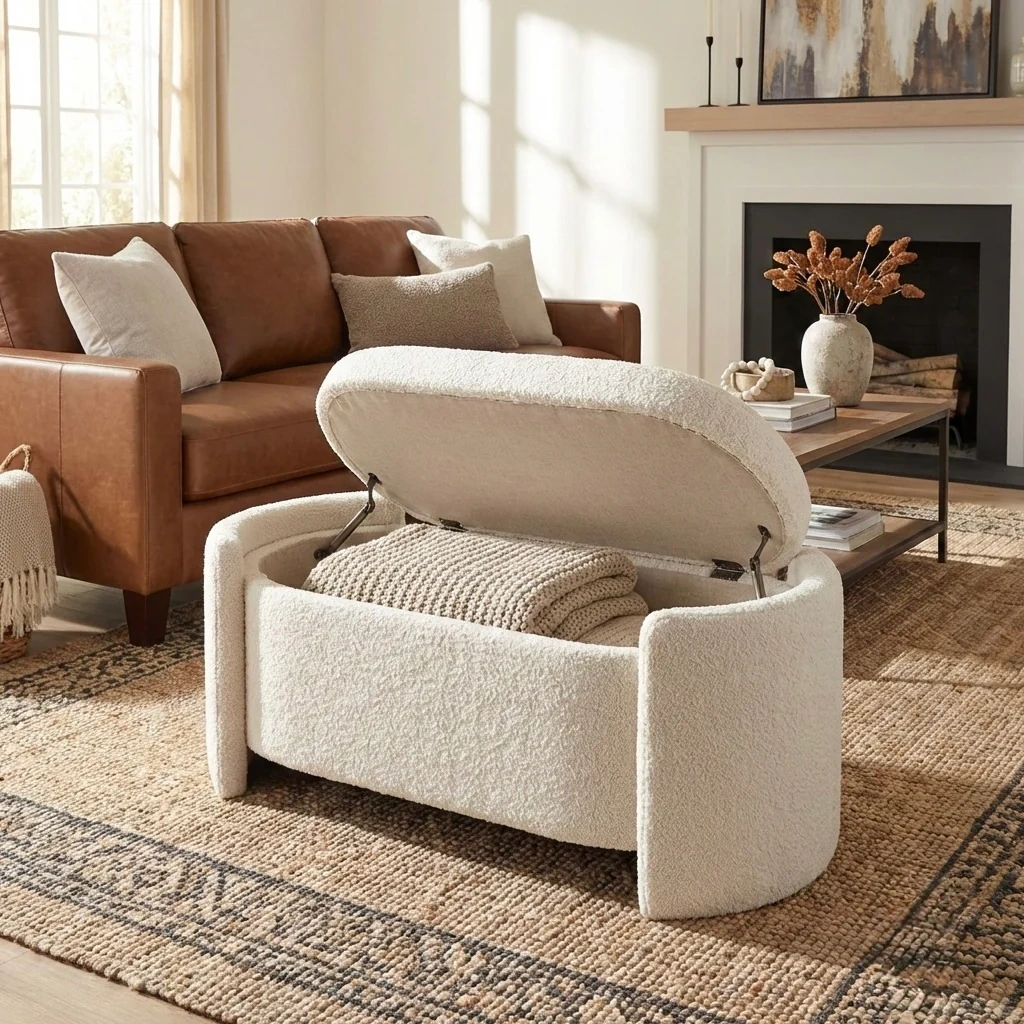 Elegant examples of concealed storage in high-end interiors, including a seamless wood-paneled kitchen with hidden cabinetry, a handleless minimalist kitchen with integrated appliances, a slatted wall concealing a flush hidden door, a softly illuminated walk-in wardrobe with built-in drawers and shelving, and a contemporary upholstered ottoman with hidden storage in a refined living room setting.