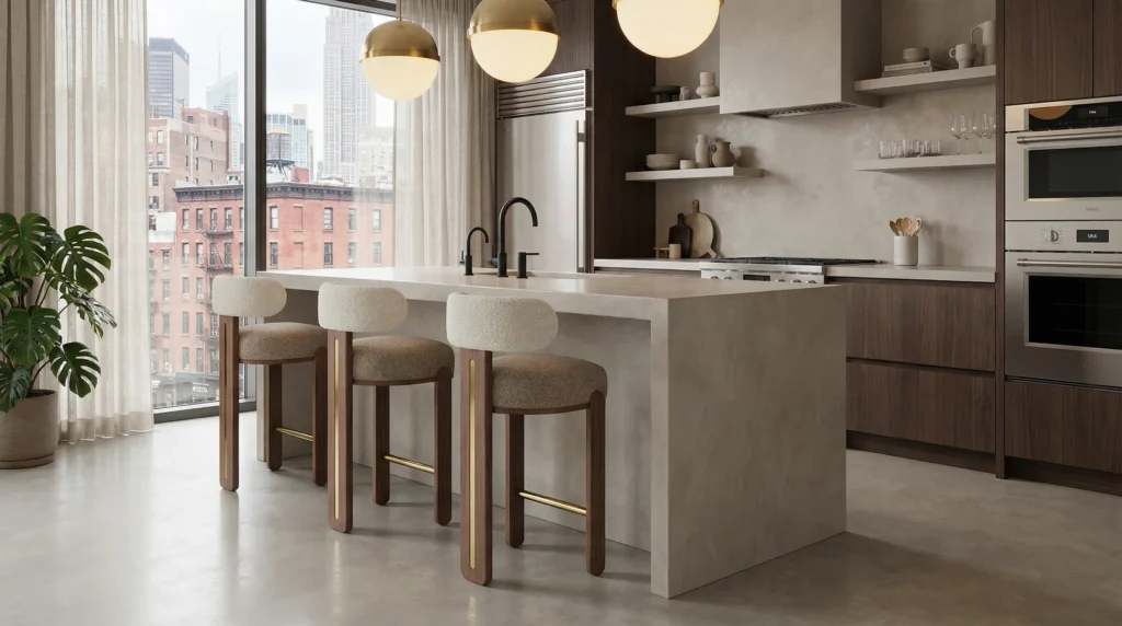 Modern kitchen island with upholstered bar stools, showcasing elegant counter height seating in a refined urban interior with soft neutral materials and warm lighting.