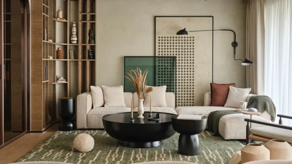 Minimalist living room showcasing organic interior design with natural textiles, handmade wooden furniture, and soft wabi-sabi inspired tones.