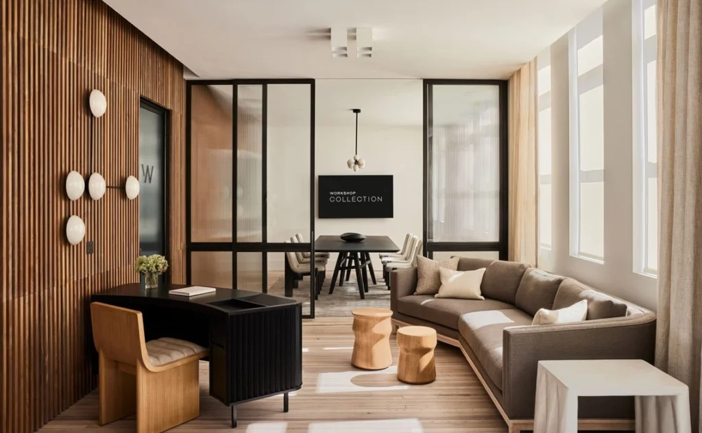 Handcrafted wooden furniture in a contemporary interior, featuring bespoke seating, artisanal stools, and refined joinery that highlight modern luxury craftsmanship.