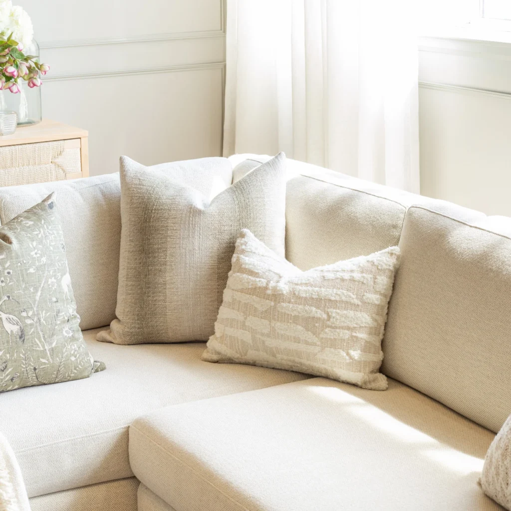 legant neutral sofa upholstered in textured luxury fabric with layered cushions, highlighting contemporary luxury upholstery care in a softly lit interior